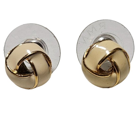 Vintage Cream Enamel Knot Stud Earrings Gold Tone Accents Retro 50s 60s Fashion - Picture 1 of 3